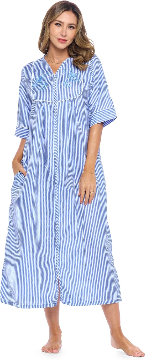 Casual Nights Women's Zip Front Woven House Dress for Comfort