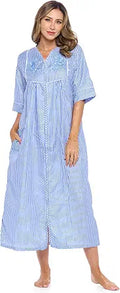 Casual Nights Zip Front Woven House Dress - Easy Snap Front Comfort