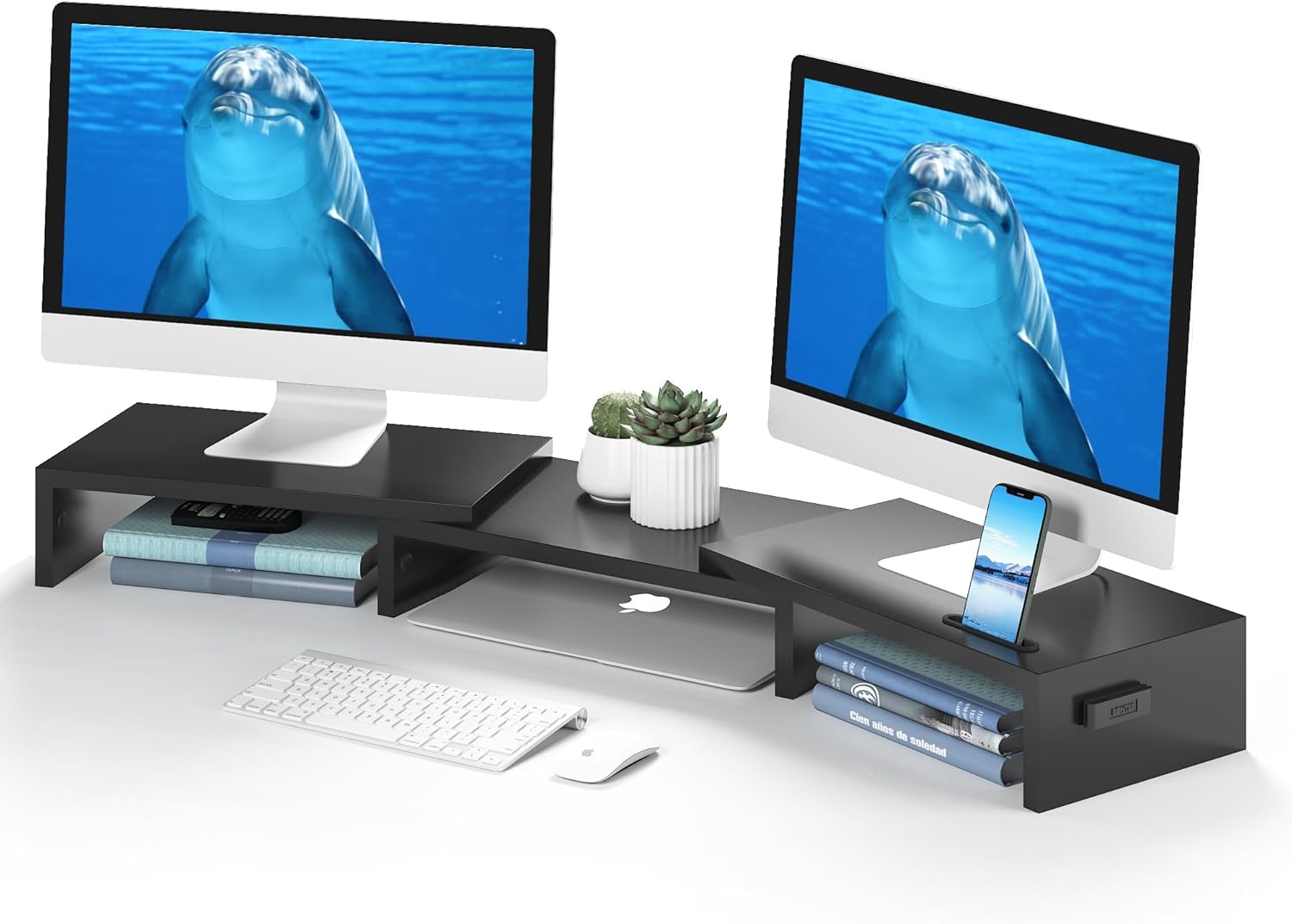 BONTEC Wooden Dual Monitor Stand - Organize with Style