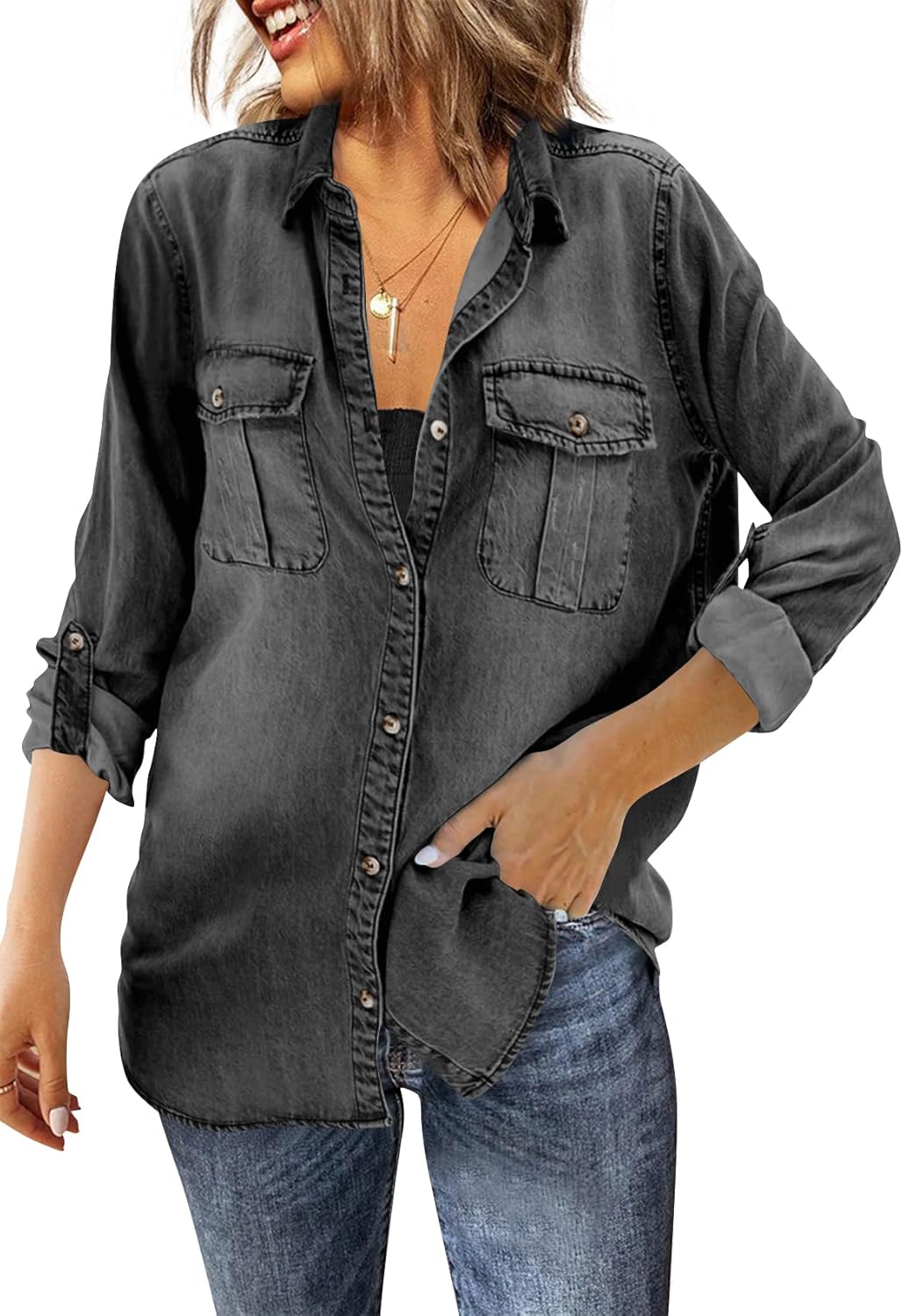 Runcati Womens Button Down Denim Shirt for Casual Style