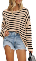 Womens Striped Boat Neck Oversized Sweater - Soft Ribbed Knit