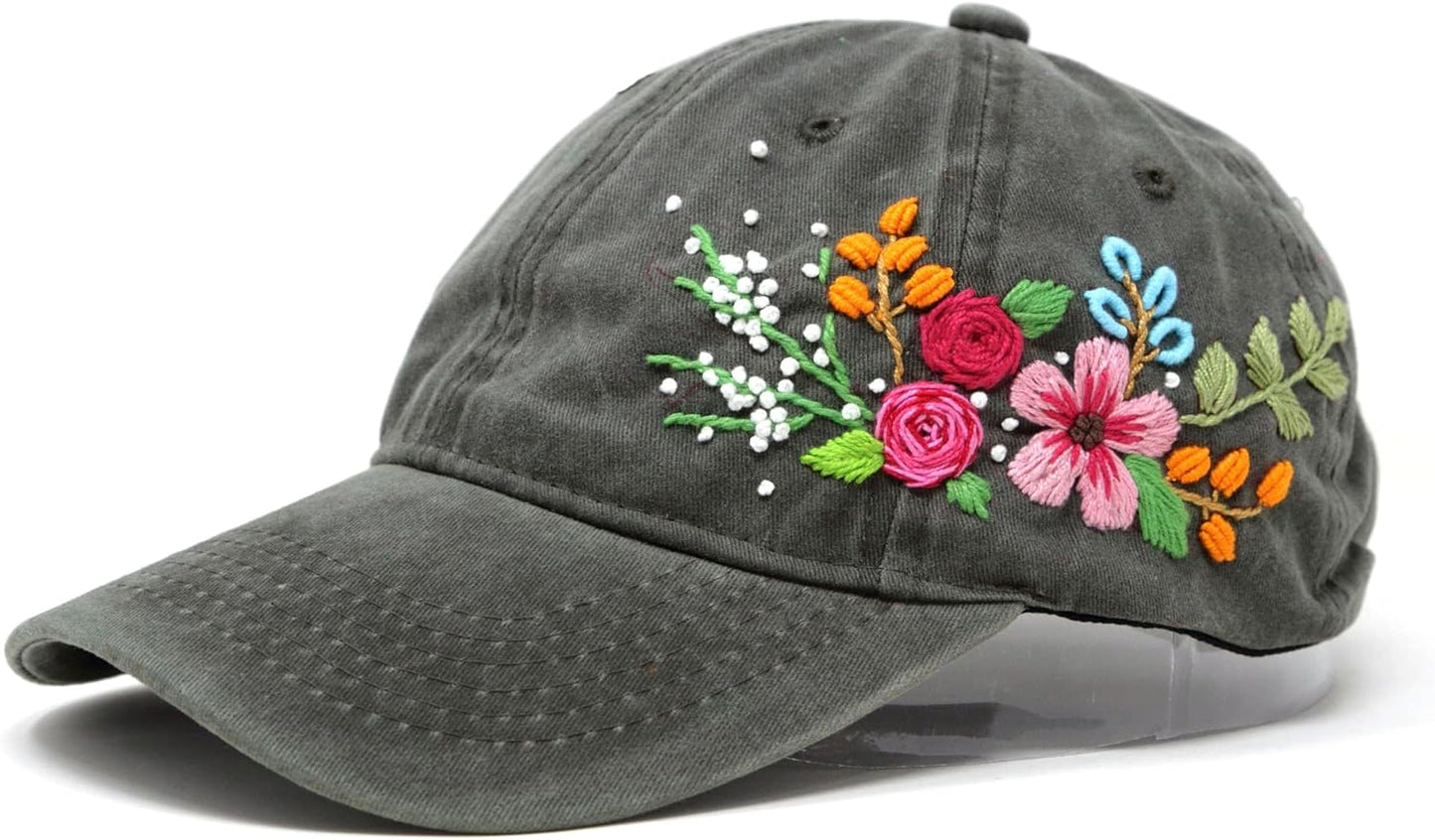 Unique Hand Embroidered Floral Baseball Cap - 100% Cotton Style