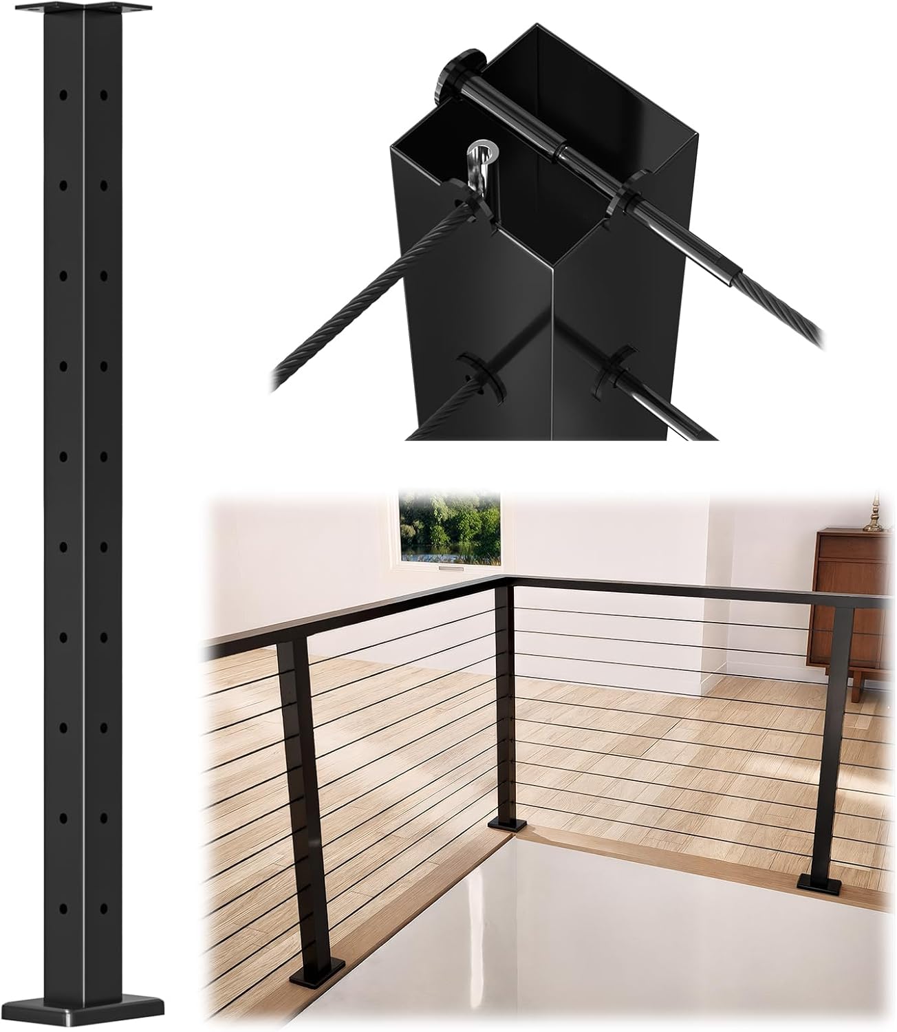 Muzata Black Corner Cable Railing Post for Indoor Outdoor Use