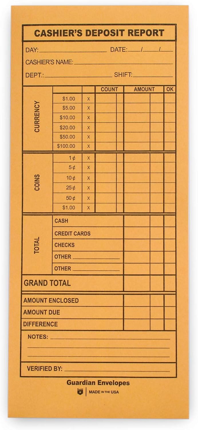 Guardian Cashier Deposit Report Envelopes for Small Businesses
