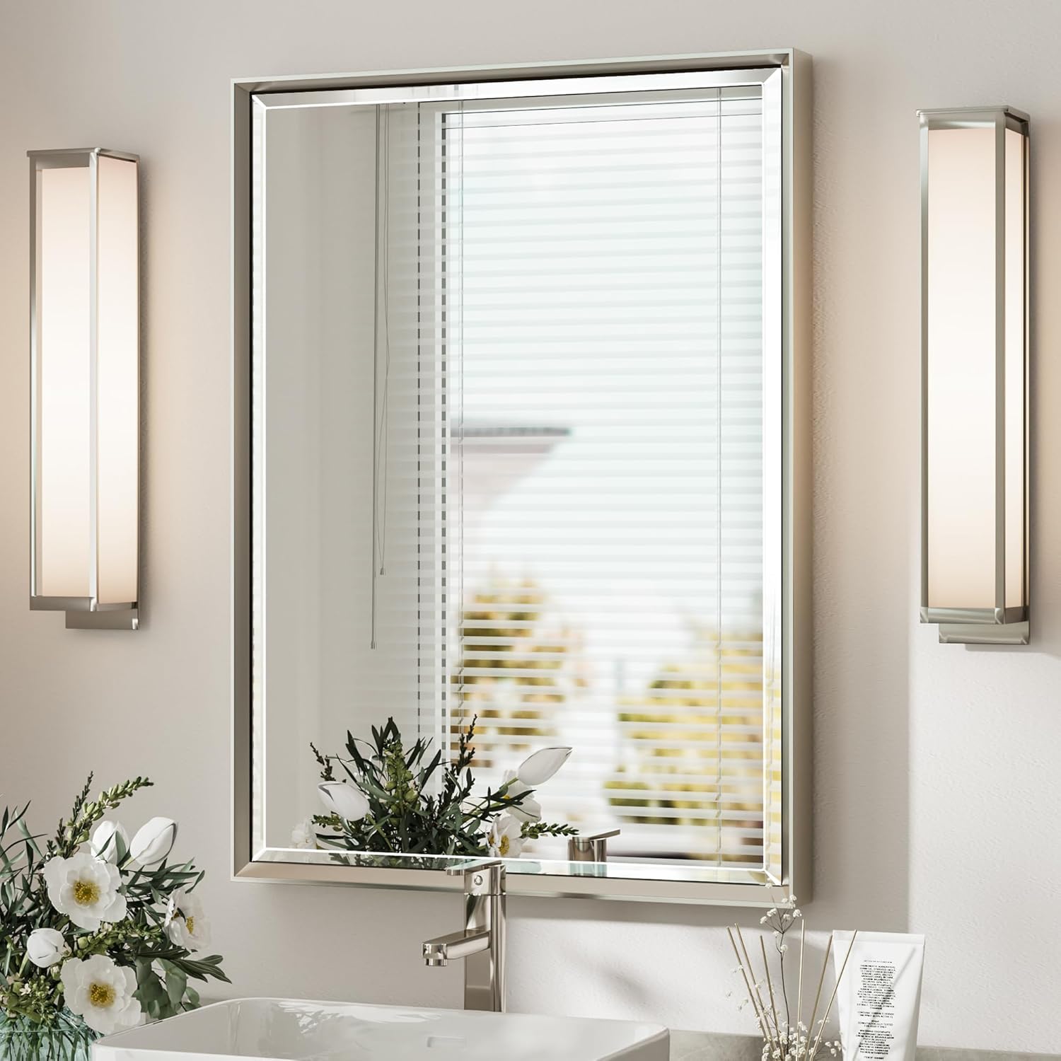 Brushed Nickel Bathroom Mirror with Beveled Frame for Wall