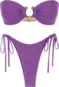 Metallic Sparkly Glitter Bandeau Bikini Set for Women - Tie Side