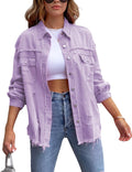 Perbai Womens Oversized Ripped Denim Jacket Frayed Hem - Distressed