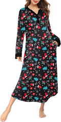 Women Long Sleepwear V Neck Nightshirt with Pockets - Soft Polyester