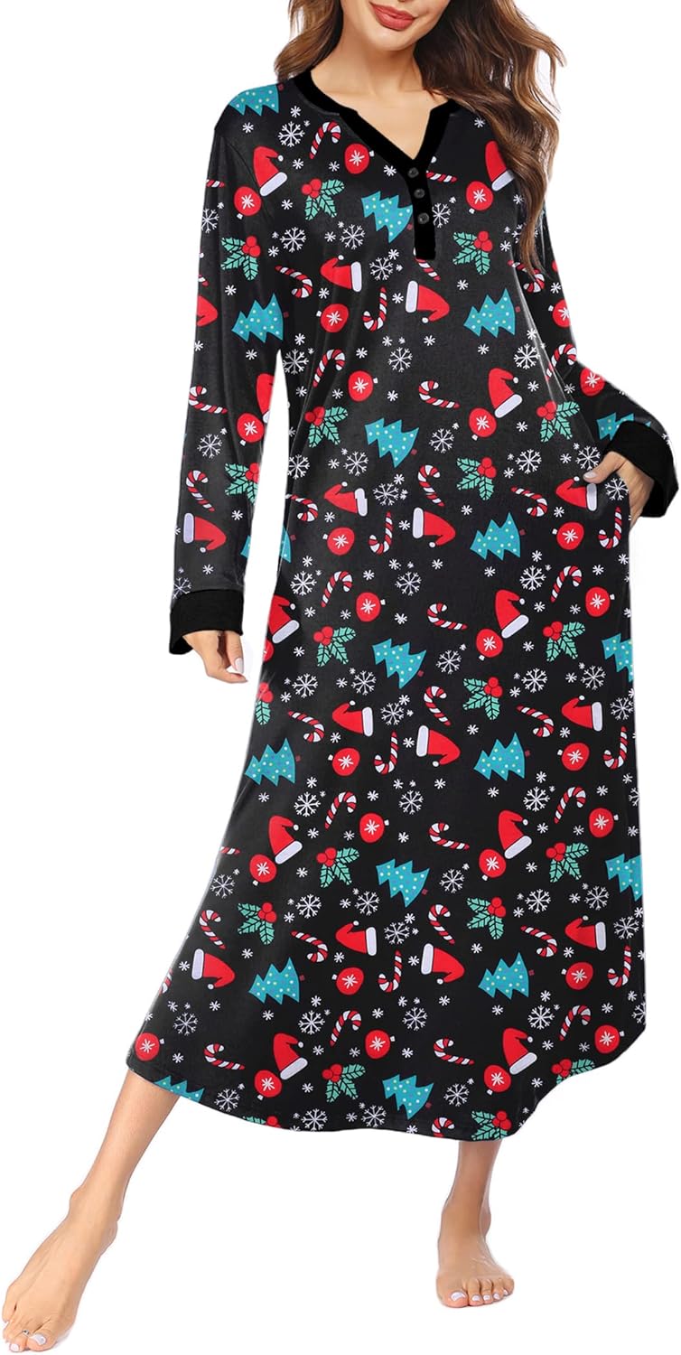 Ekouaer Womens Nightgown Long Loungewear V Neck Nightshirt