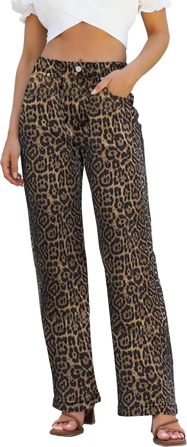 Womens High Waisted Straight Leg Loose Stretchy Lightweight Jeans