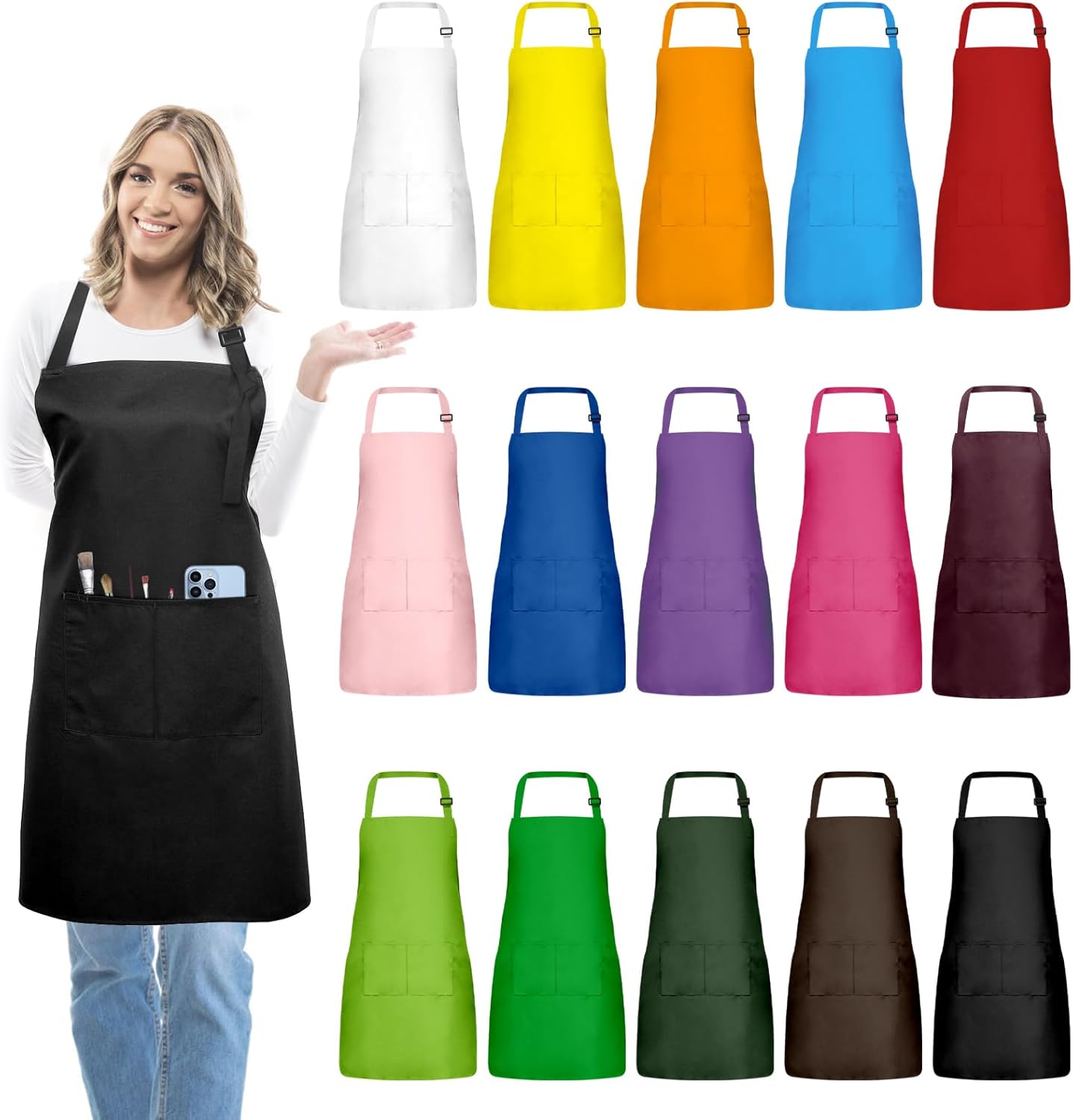 15 Pcs Adjustable Bib Chef Aprons with Pockets for Cooking