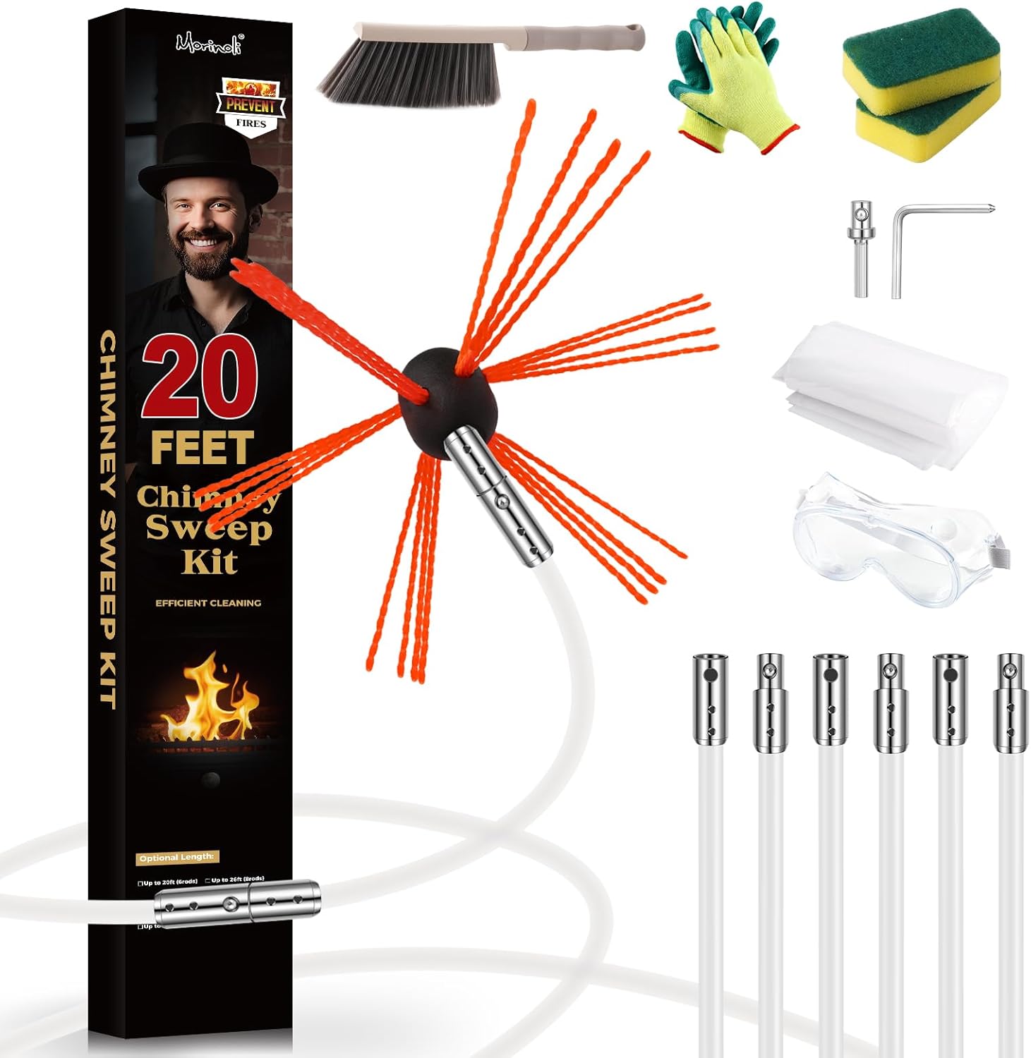 20 Feet Chimney Sweep Kit with Chrome Button Locking System