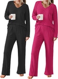Womens 2 Pack Ribbed Knit Pajama Set - V Neck Long Sleeve PJs