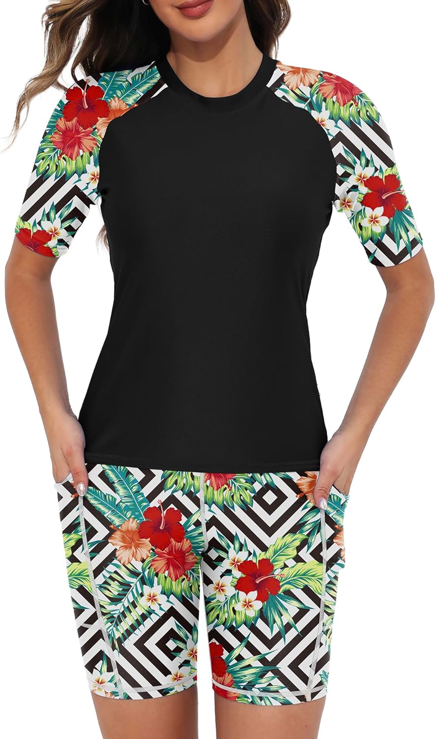 Tournesol Women's Two Piece Rash Guard Swim Set with Pockets
