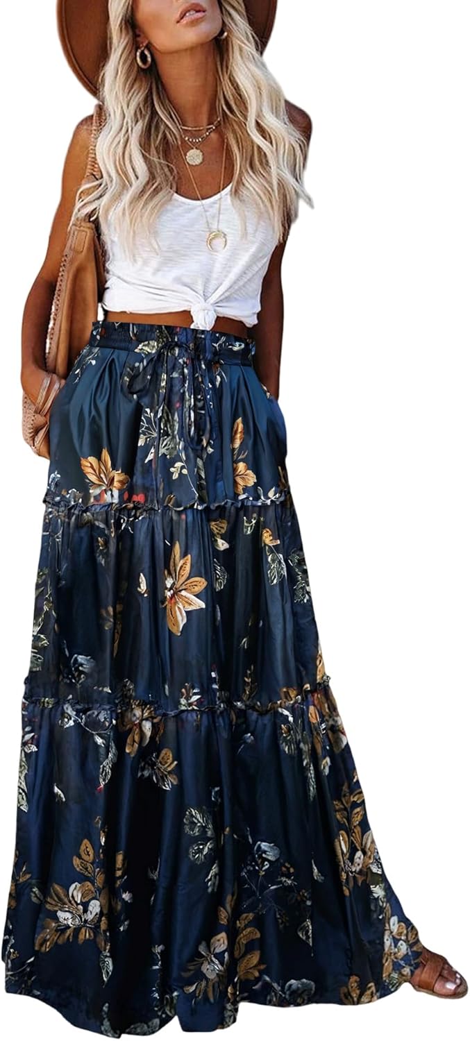 EARKOHA Womens Casual High Waist Tie Maxi Skirt with Pockets