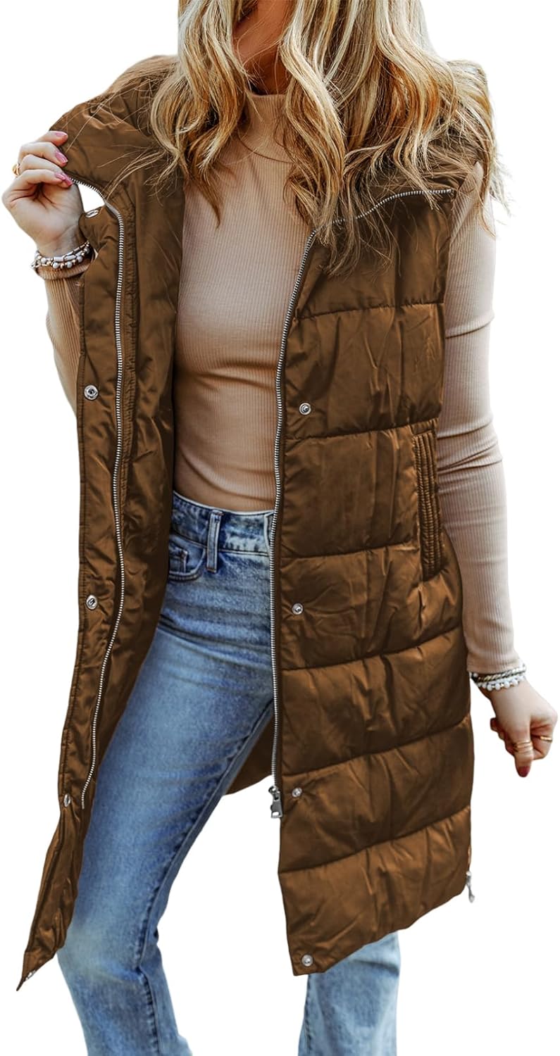 EVALESS Womens Long Puffer Vest Quilted Hooded Sleeveless Jacket