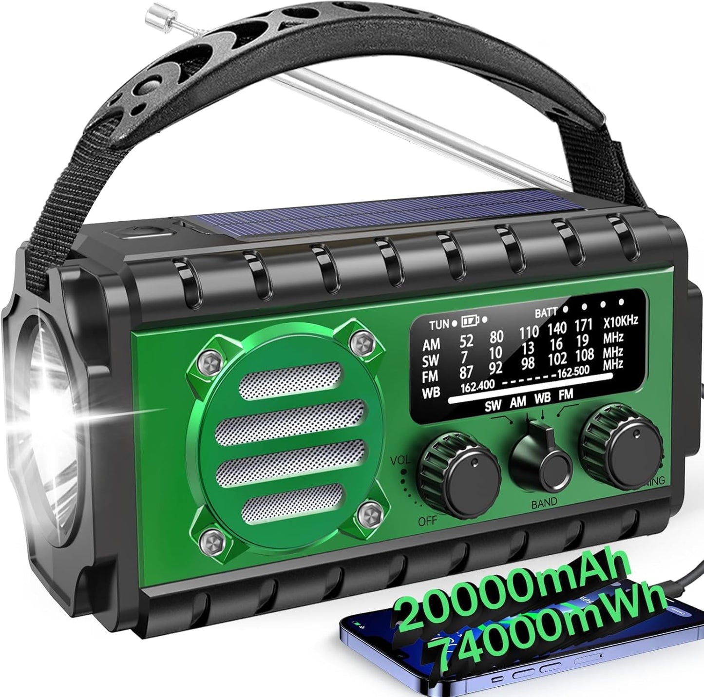 20000mAh Emergency Radio with Solar Power and Hand Crank Charger