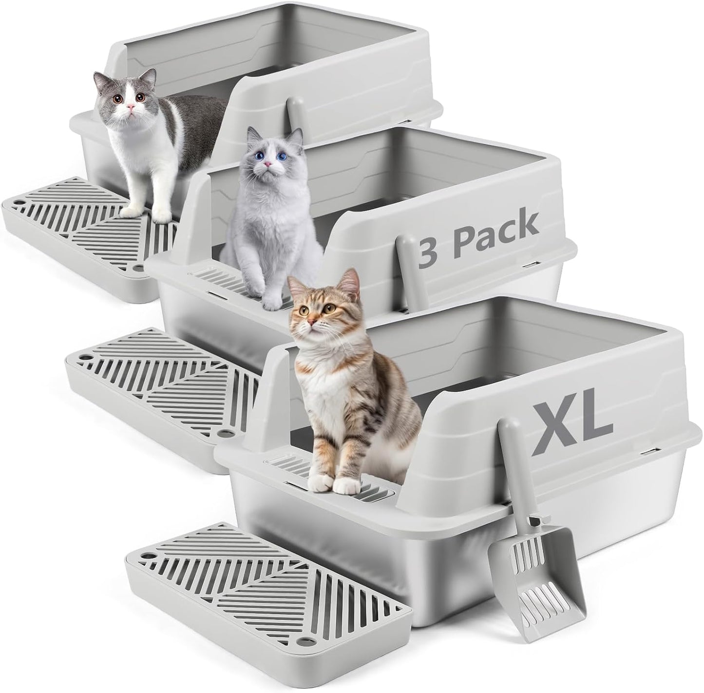 Extra Large Stainless Steel Litter Box for Cats - 3 Pack