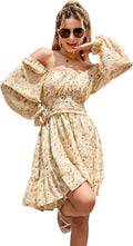 EXLURA Women Tie Back Lantern Sleeve Mini Dress - Square Neck Casual