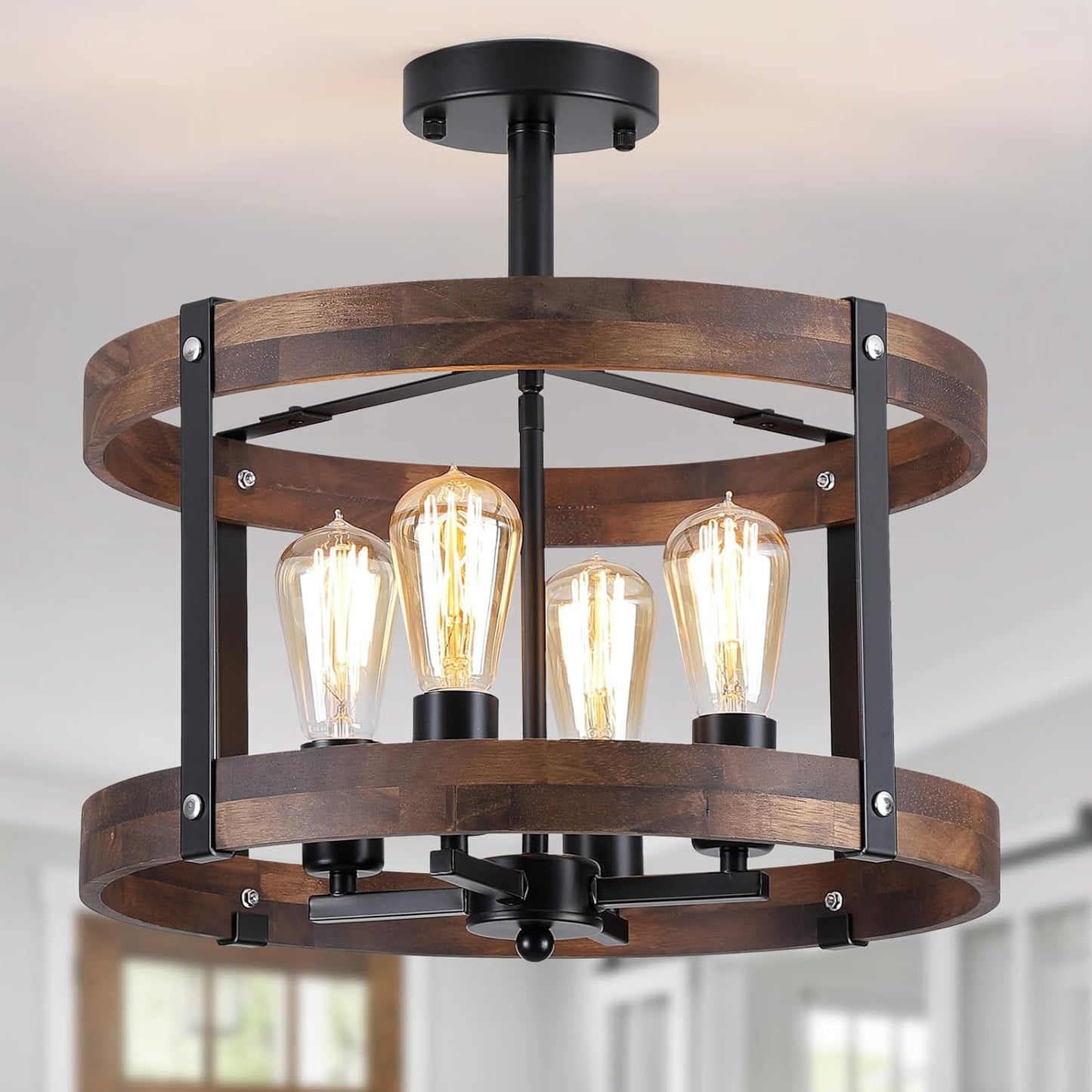 4-Light Rustic Farmhouse Flush Mount Ceiling Light Fixture