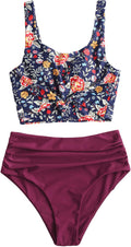 High Waisted Tankini Scoop Neck Knotted Two Pieces Tankini Set