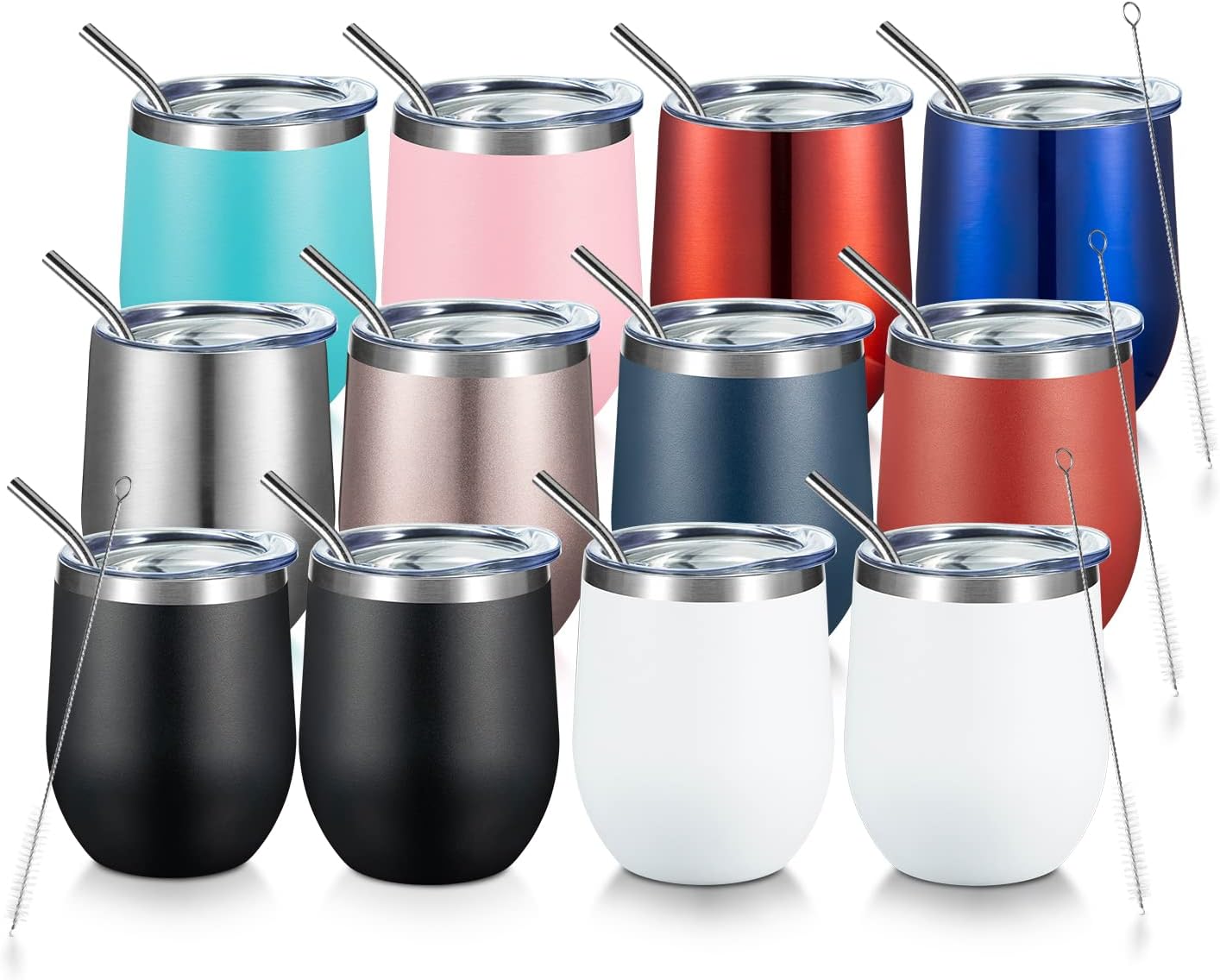 COMOOO Stainless Steel Wine Tumbler with Lid and Straw 12oz