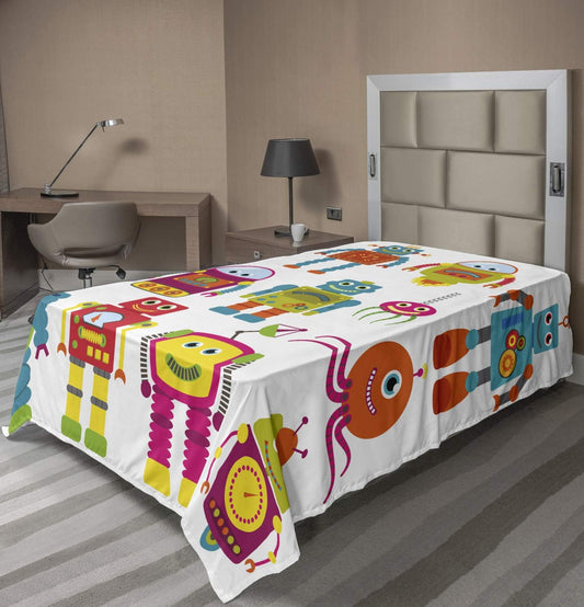 Robot Drawing Twin Flat Sheet - Fun Future Toys Design, Soft & Colorful