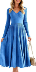 Long Sleeve Midi Sweater Dress Wrap V Neck - Flattering Fit