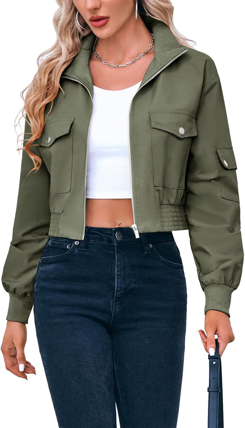 Fisoew Women's Cropped Bomber Jackets for Stylish Comfort
