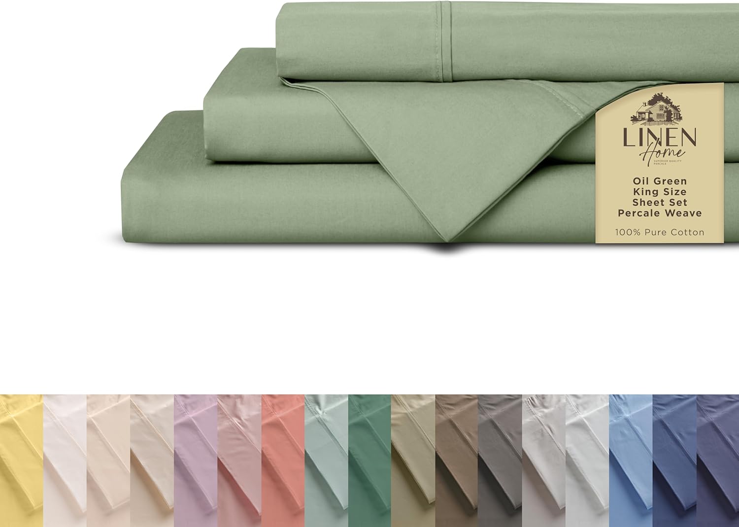 100% Cotton Percale King Size Sheet Set in Oil Green Color