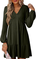 Long Sleeve V Neck Ribbed Knit Mini Dress for Women - Flattering