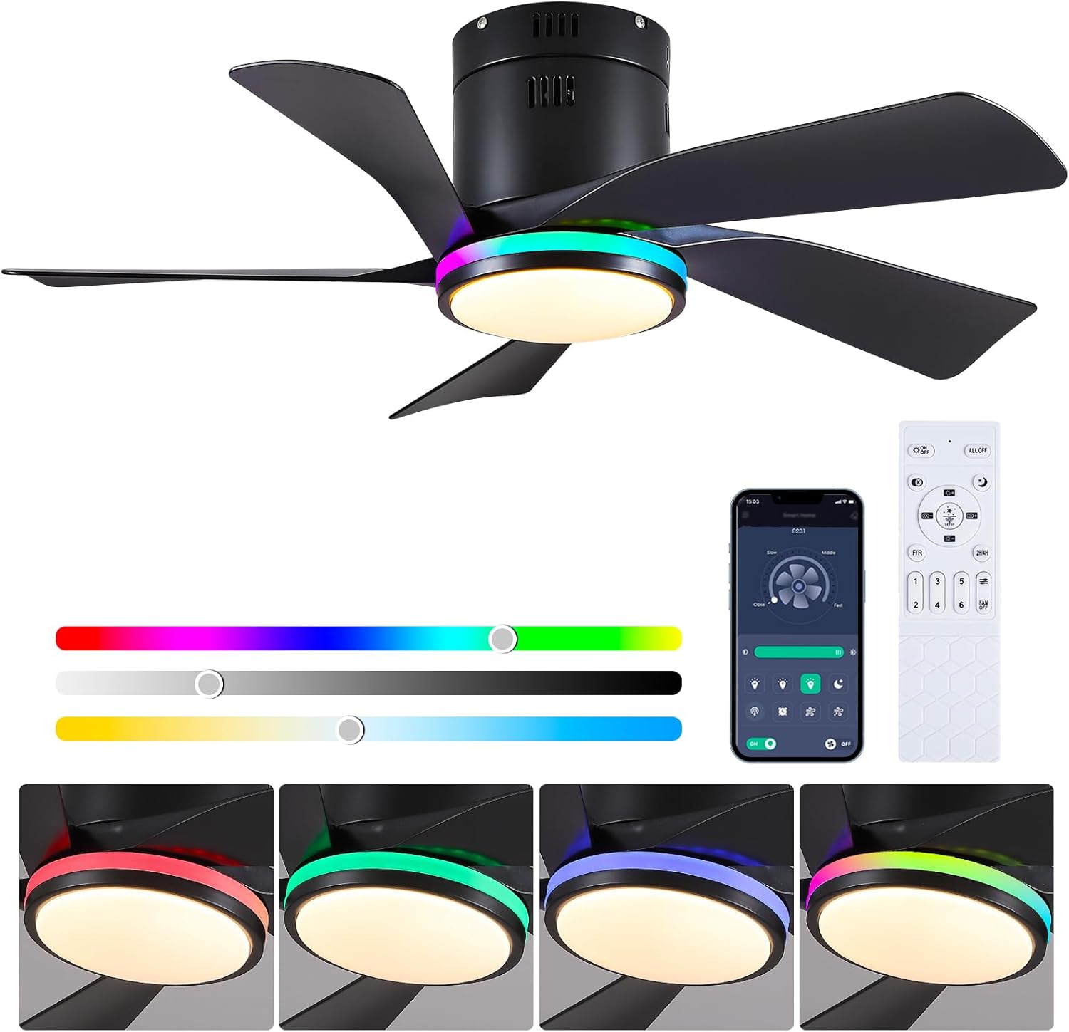 36In Black Ceiling Fan with RGB Light for Small Spaces