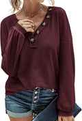 Waffle Knit V-Neck Long Sleeve Blouse - Lightweight Slouchy Top