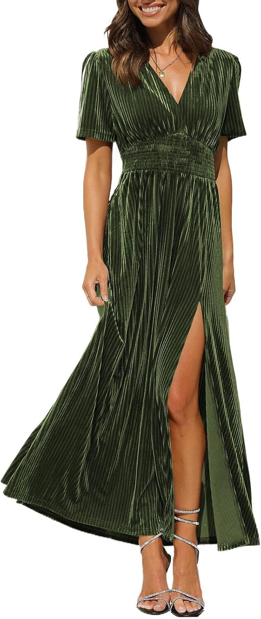 Sissyaki Women's Retro V-Neck Velvet Maxi Dress for Weddings
