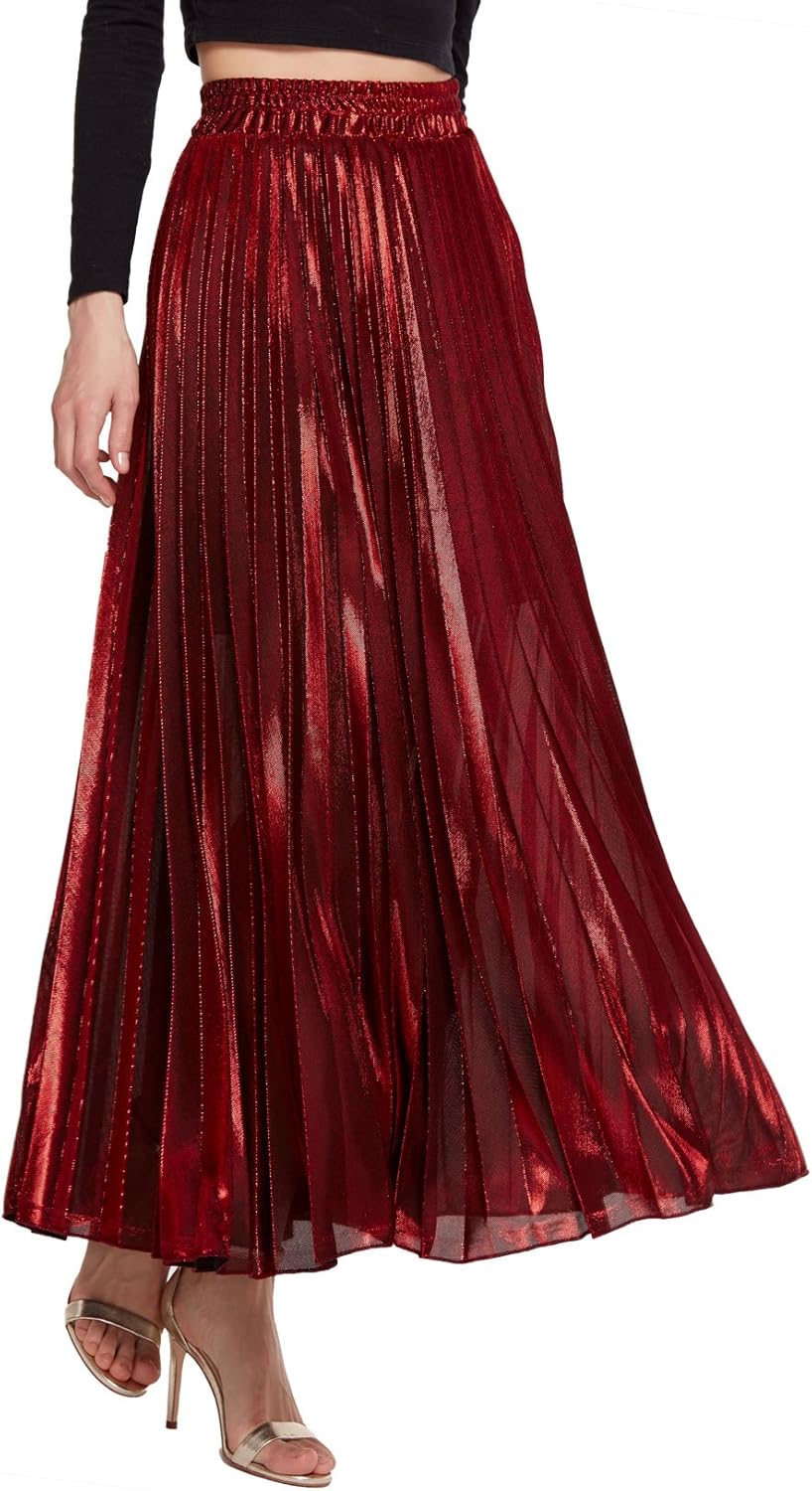 CHARTOU Women's Premium Metallic Shimmer Accordion Pleated Skirt