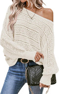EVALESS Crochet Boat Neck Long Sleeve Sweater - Cozy Stylish Fit