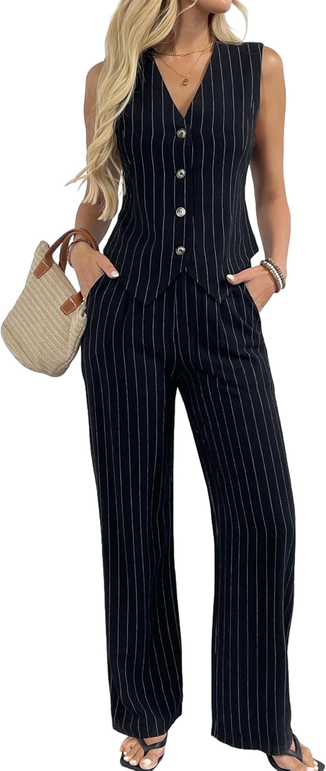 Stylish Women's 2 Piece Outfits Linen Vest and Wide Leg Pants