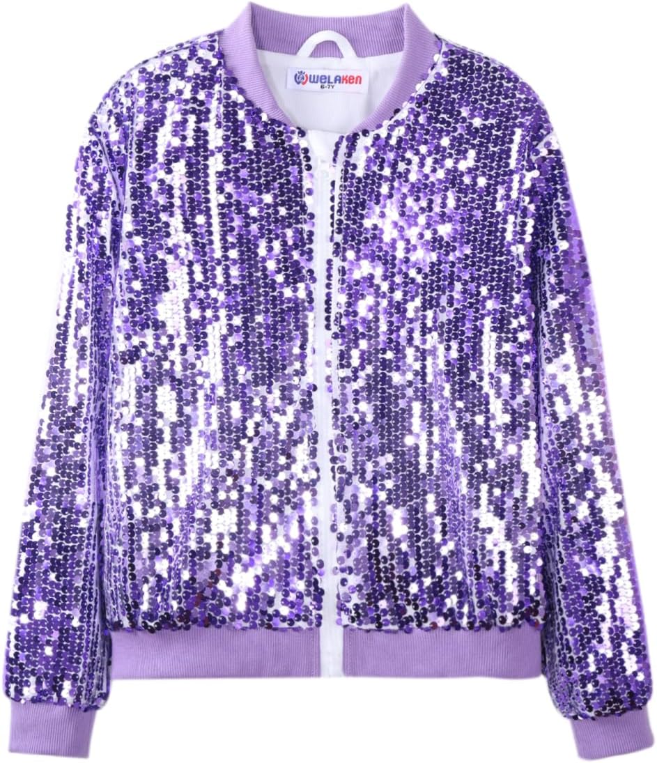 Girls' Ombre Sequin Bomber Jacket with Pockets for Kids