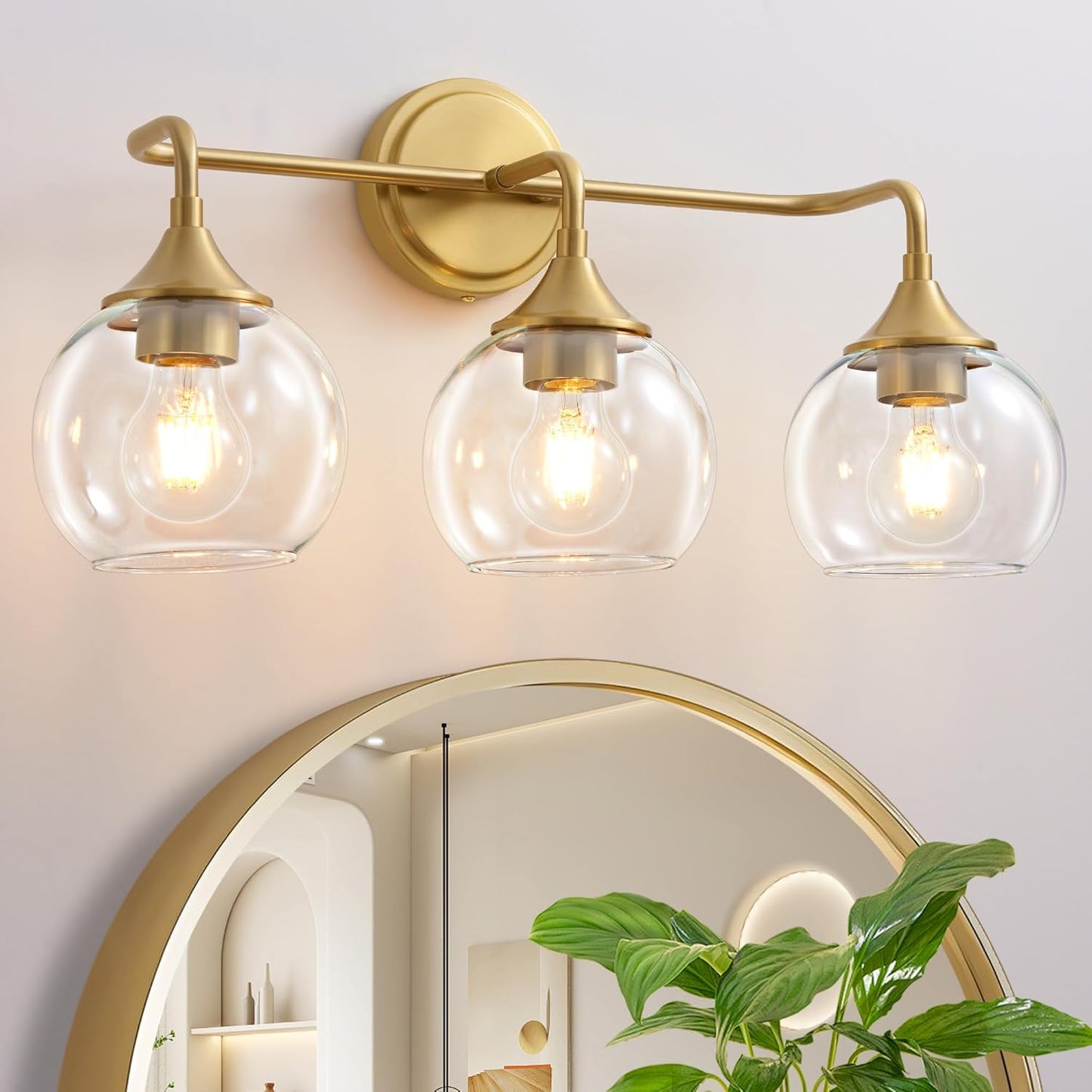 Gold Bathroom Light Fixtures with Clear Glass Shade for Vanity