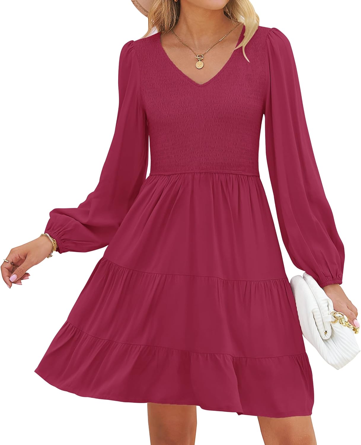 ZESICA Women's Casual V Neck Long Sleeve Mini Dress for All Occasions