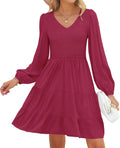 ZESICA Women's Casual V Neck Long Sleeve Smocked Mini Dress - Flowy