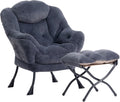 Navy Blue Faux Fur Lazy Chair with Foldable Ottoman - Comfy Lounge