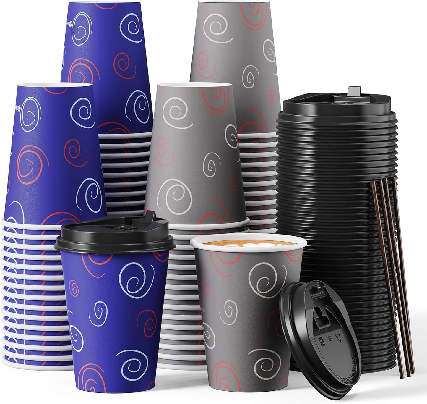 100 Pack 12 oz Disposable Coffee Cups Lids & Straws Included Home & Shop Use