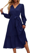 Women Floral Boho Maxi Dress Wrap V Neck Long Sleeve - Flowy Ruffle