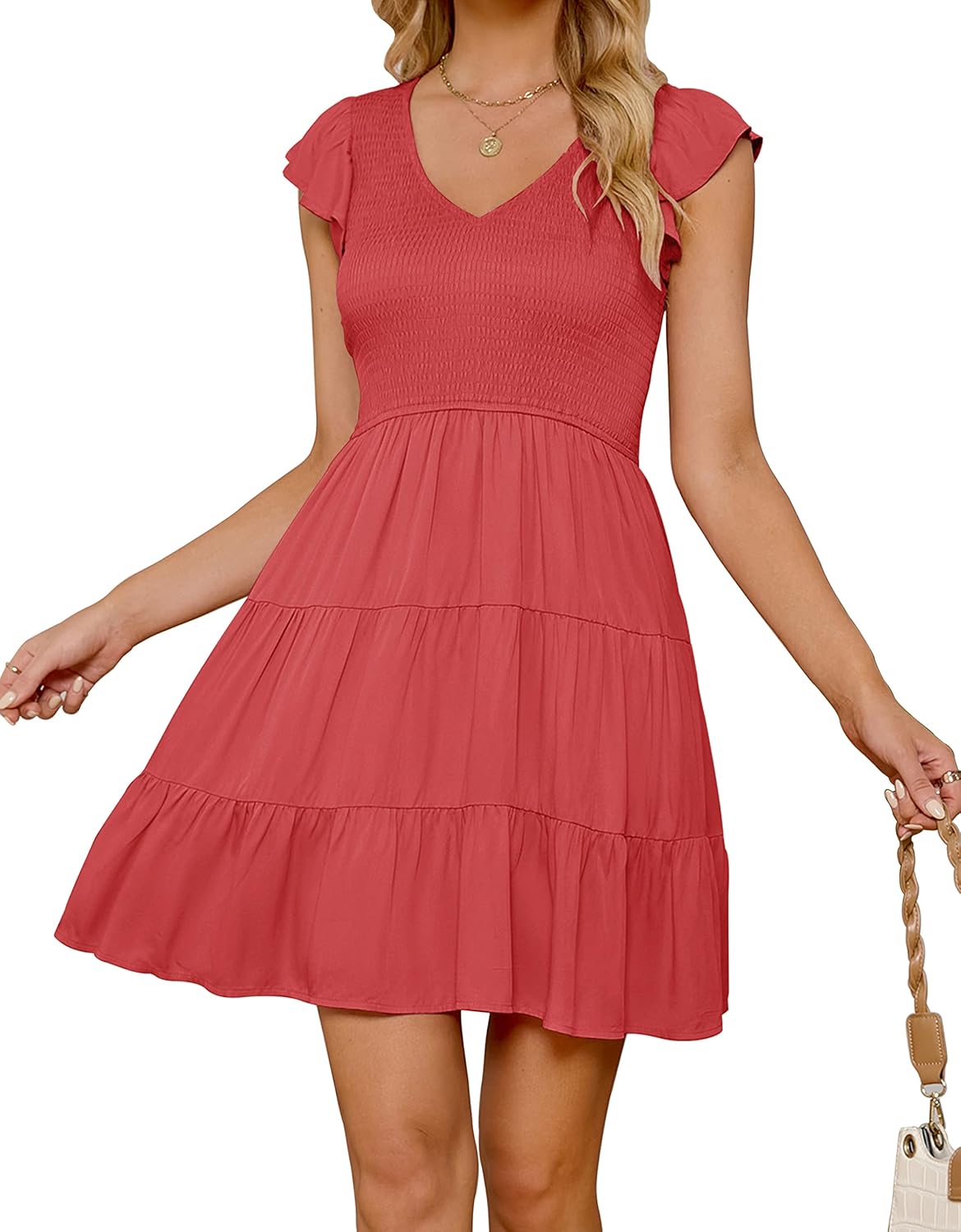 ZESICA Women's Summer Casual V Neck Flutter Sleeve Mini Dress