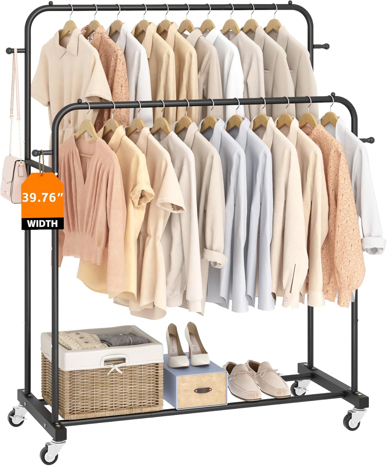 Laiensia Double Rods Garment Rack with Wheels for Clothes