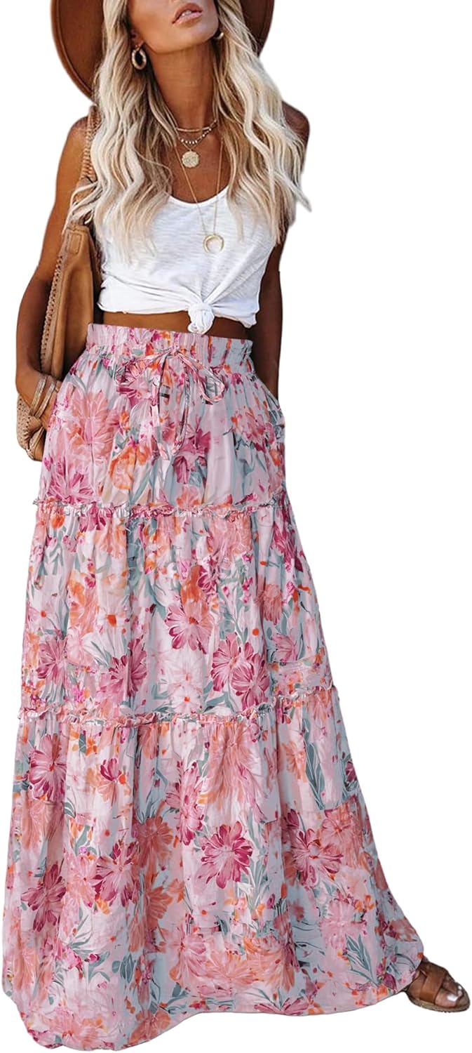 EARKOHA Womens Casual High Waist Tie Paisley Print Maxi Skirt