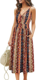 OUGES Women's Spaghetti Strap V-Neck Floral Midi Dress with Pockets