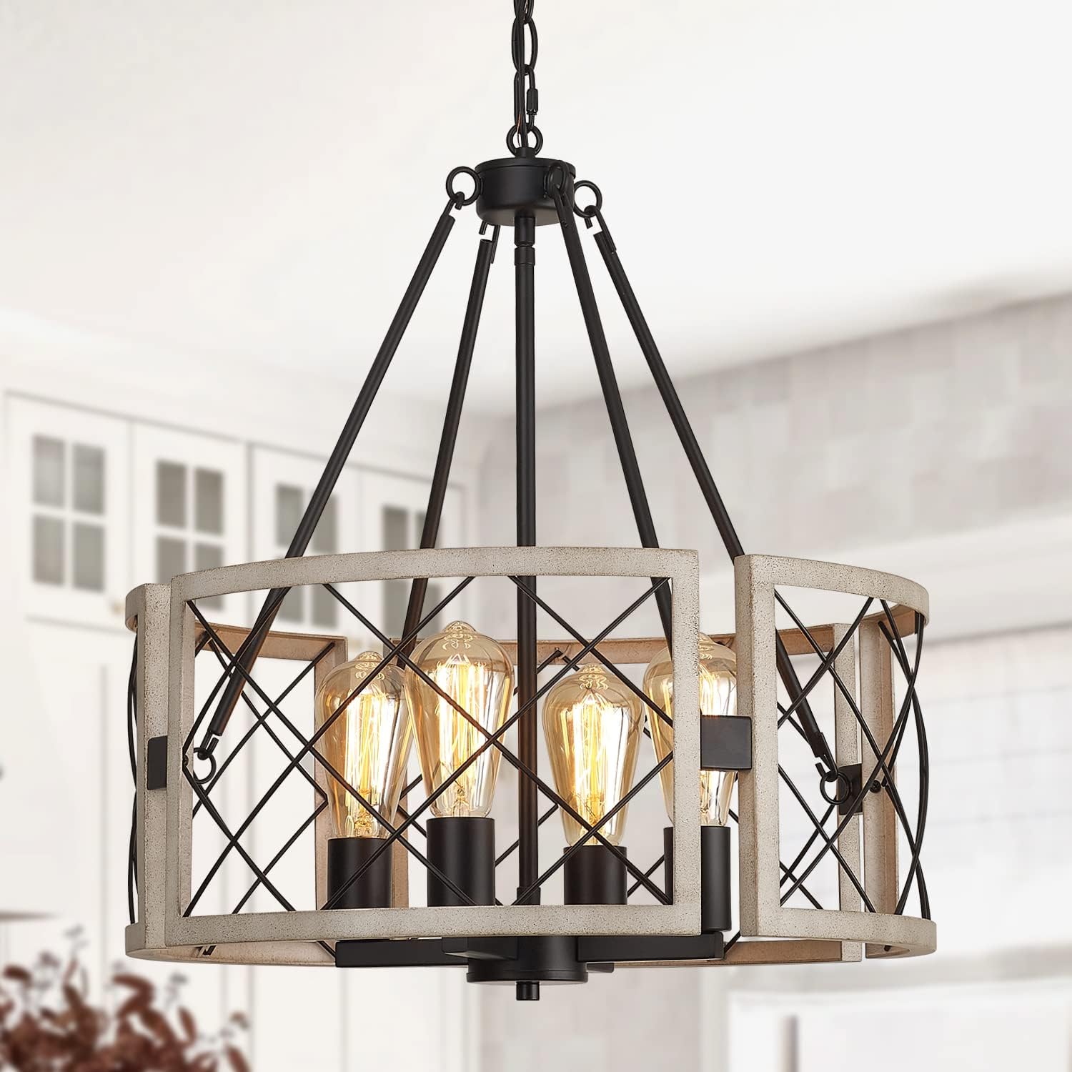 D19ft' Farmhouse Chandelier - Rustic 4-Light Adjustable Fixture