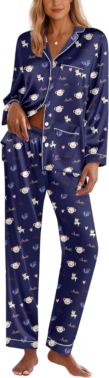 Ekouaer Silk Pajamas for Women Classic Button Down Satin Set
